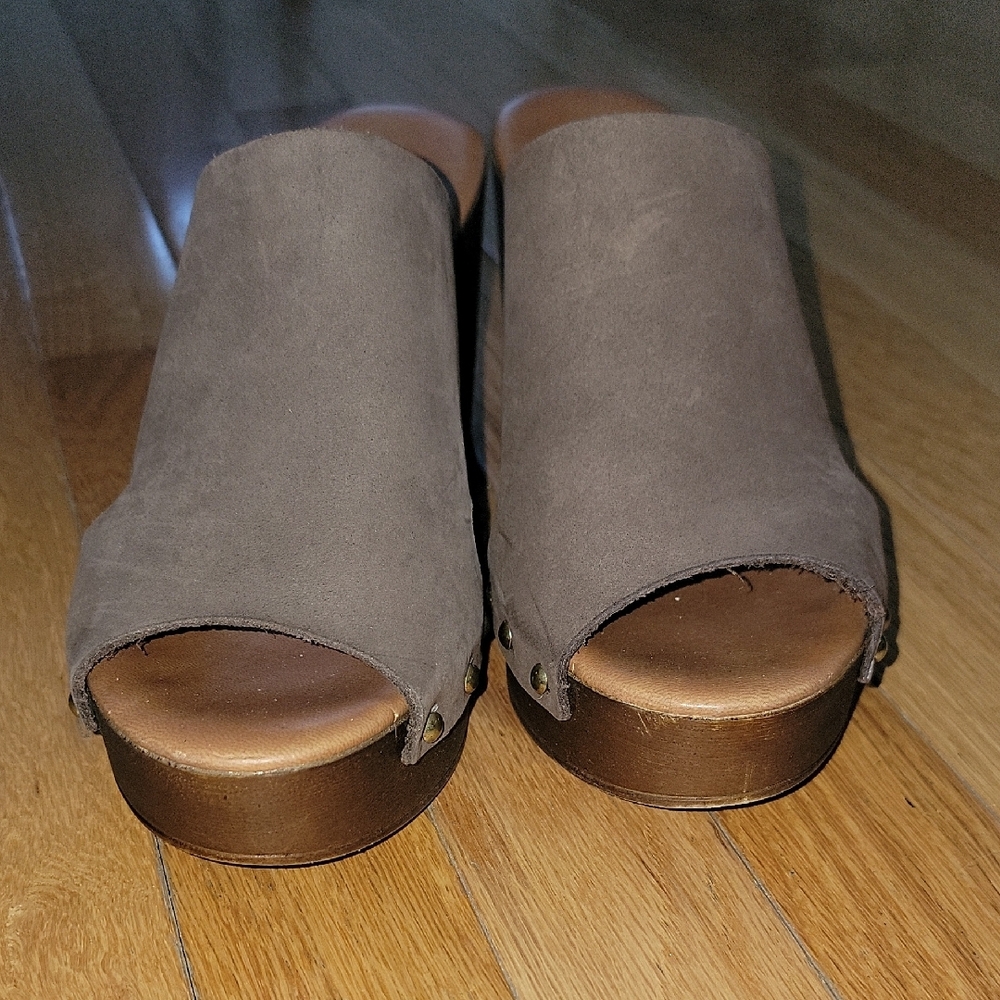 Brown Suede Mules with Wooden Soles